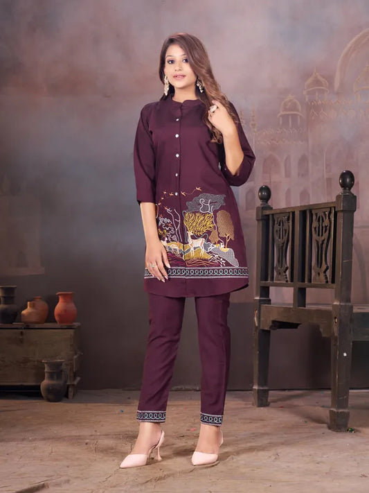 Embroidered Maroon Co-Ord Set With Animal Print