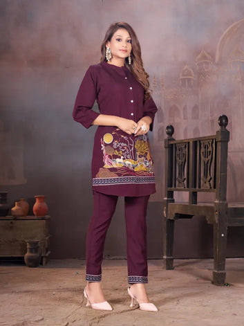 Embroidered Maroon Co-Ord Set With Animal Print