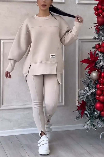 Casual Solid Color Round Neck Long Sleeve Slit Hem Sweatshirt Leggings Set