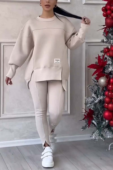 Casual Solid Color Round Neck Long Sleeve Slit Hem Sweatshirt Leggings Set