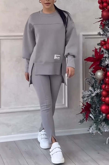 Casual Solid Color Round Neck Long Sleeve Slit Hem Sweatshirt Leggings Set